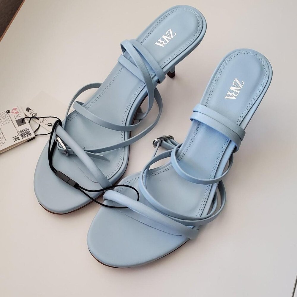 ZARA WRAP STRAP LEATHER SANDALS in LIGHT BLUE size 7.5-8 US